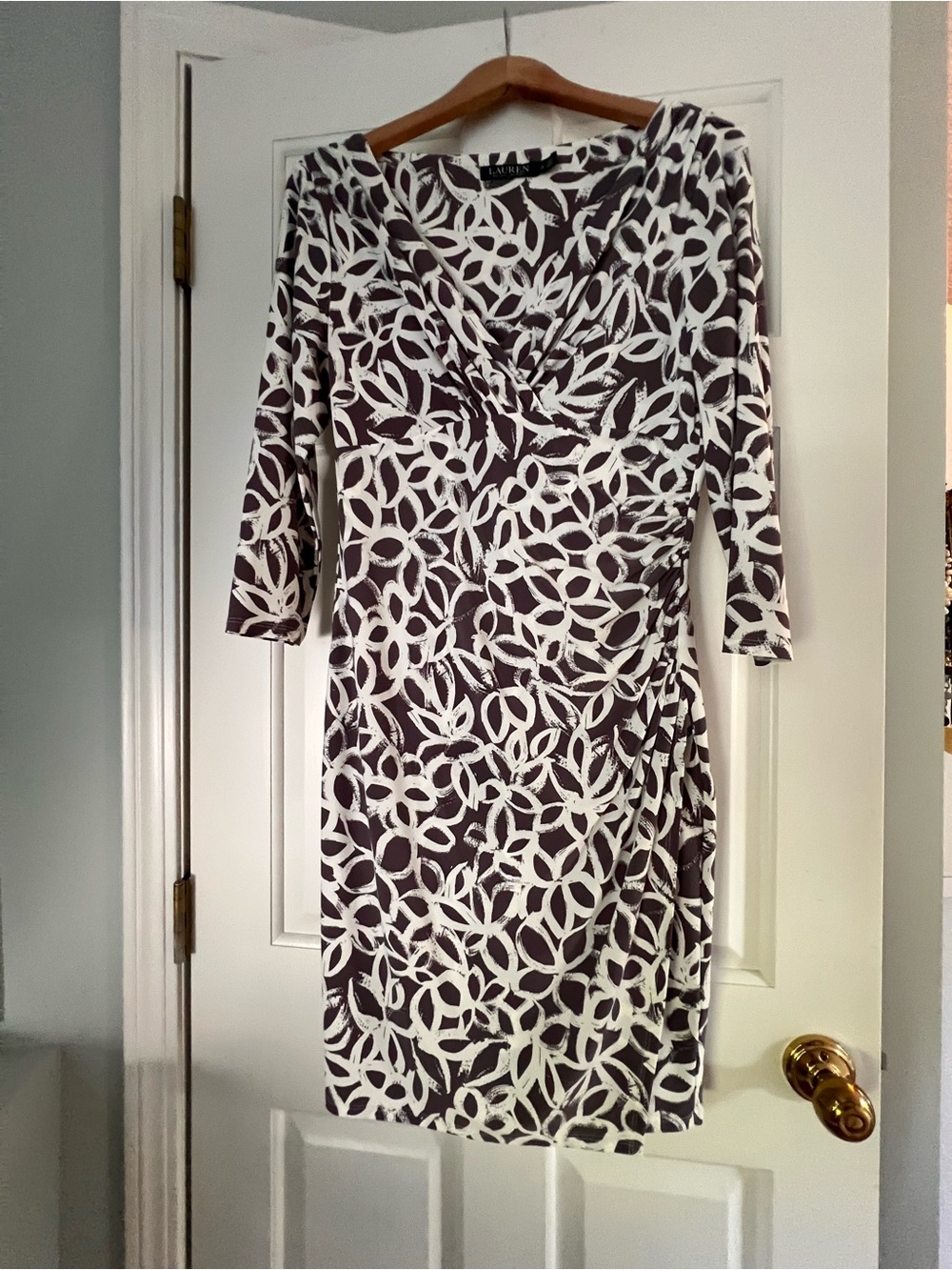 Lauren Ralph Lauren Taupe & White Printed Wrap Dress Size 12